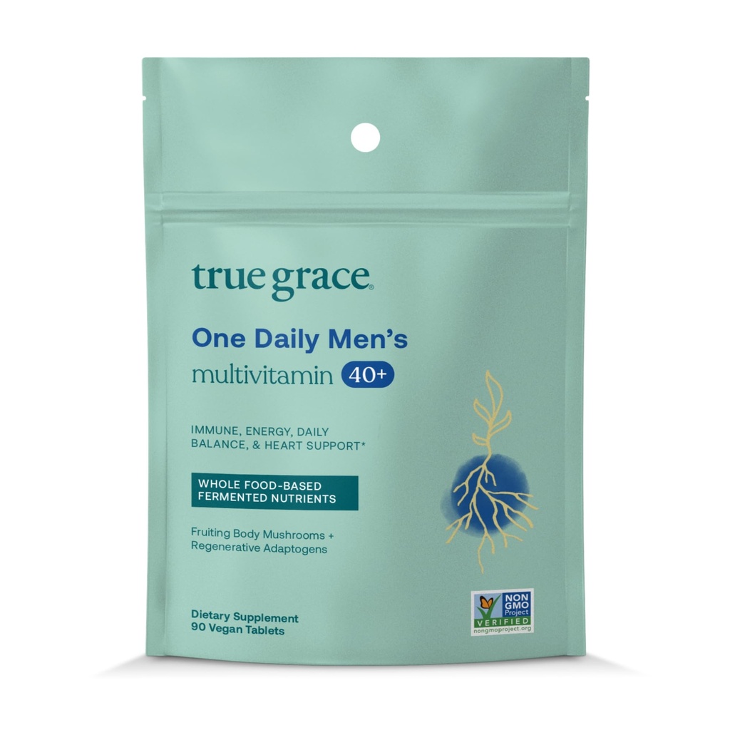 True Grace Men 's 40 + One Daily Multivitamin Fermented Minerals, Organic Adaptogens & Housms Cell Body Balance Imunitation, Endurance, Bone & Heart Supplement - Non- GMO - 90 Vegetariánské tablety