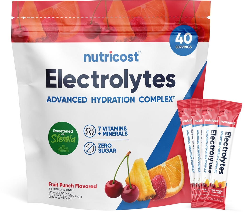 Nutricost Electrolytes Complex, Ovocný punč ochucený, 40 Stickpacks - Advanced Hydration Complex