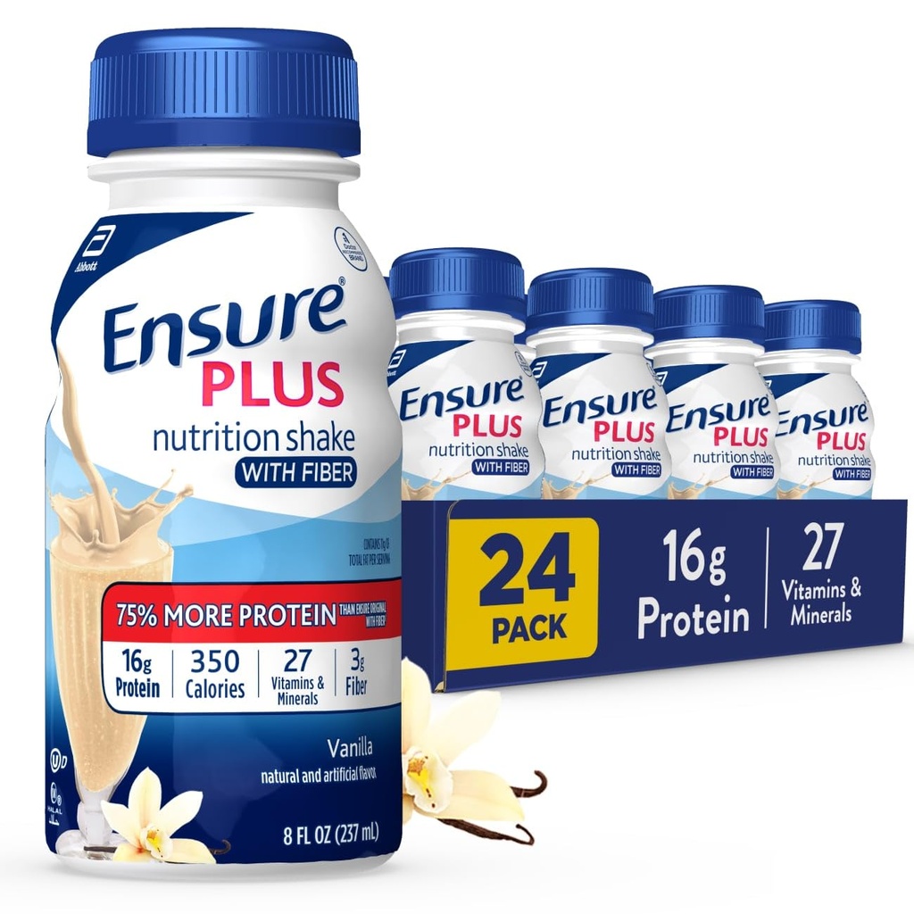 Zajistit Plus Vanilla Nutrition Shake with Fiber CLANE124; Jídelní náhrady Shake CLANE124; Připraveno k pití CLANE124; 16g protein a 27 Vitamíny a minerály CLANE124; 8 fl oz - 24 Pack