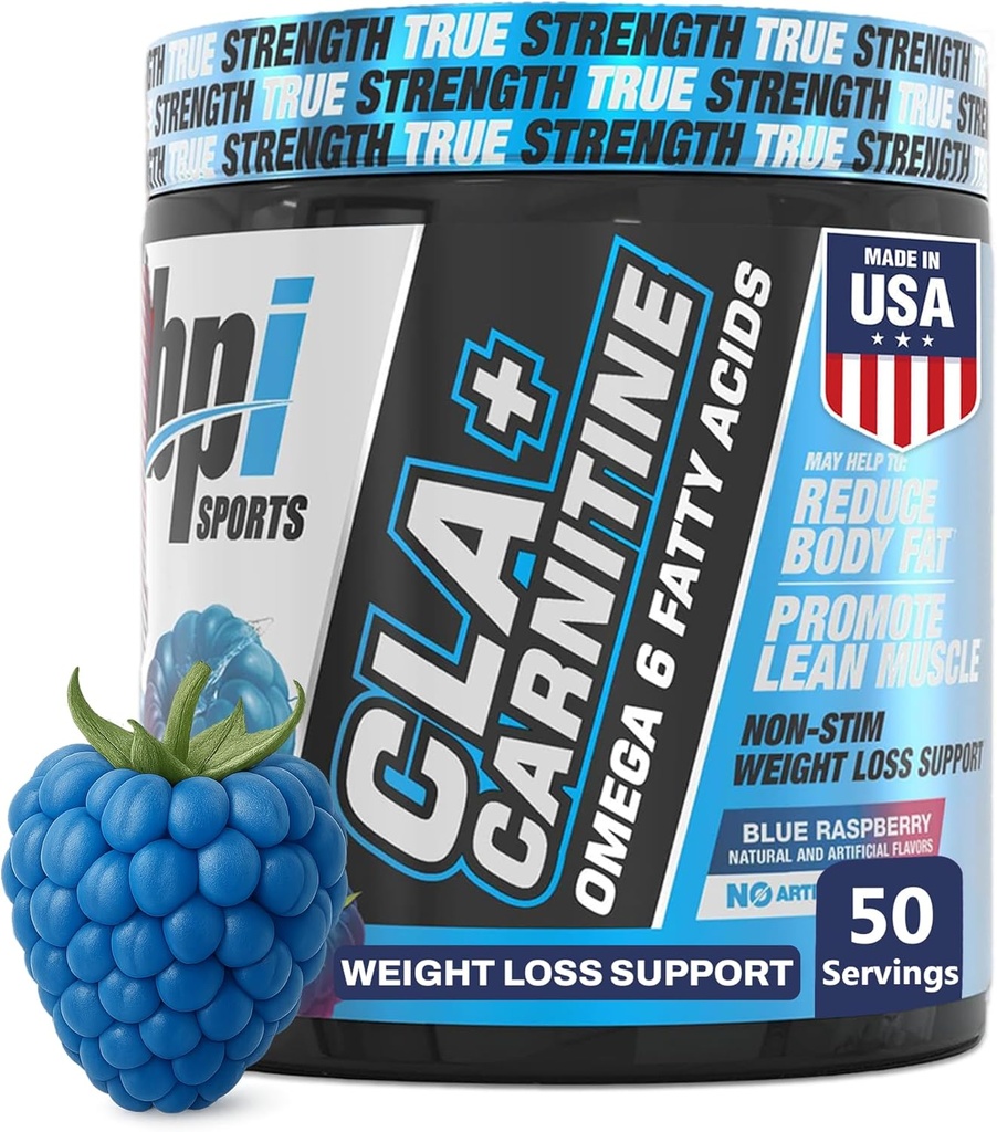 BPI Sports CLA + Carnitin - CLA L Carnitin & Linoleová kyselina - L Carnitin dodatek pro hubnutí, metabolismus & Lean Muscle - Caffeine Free - Blue Raspberry - 50 Servings - 12.34 oz