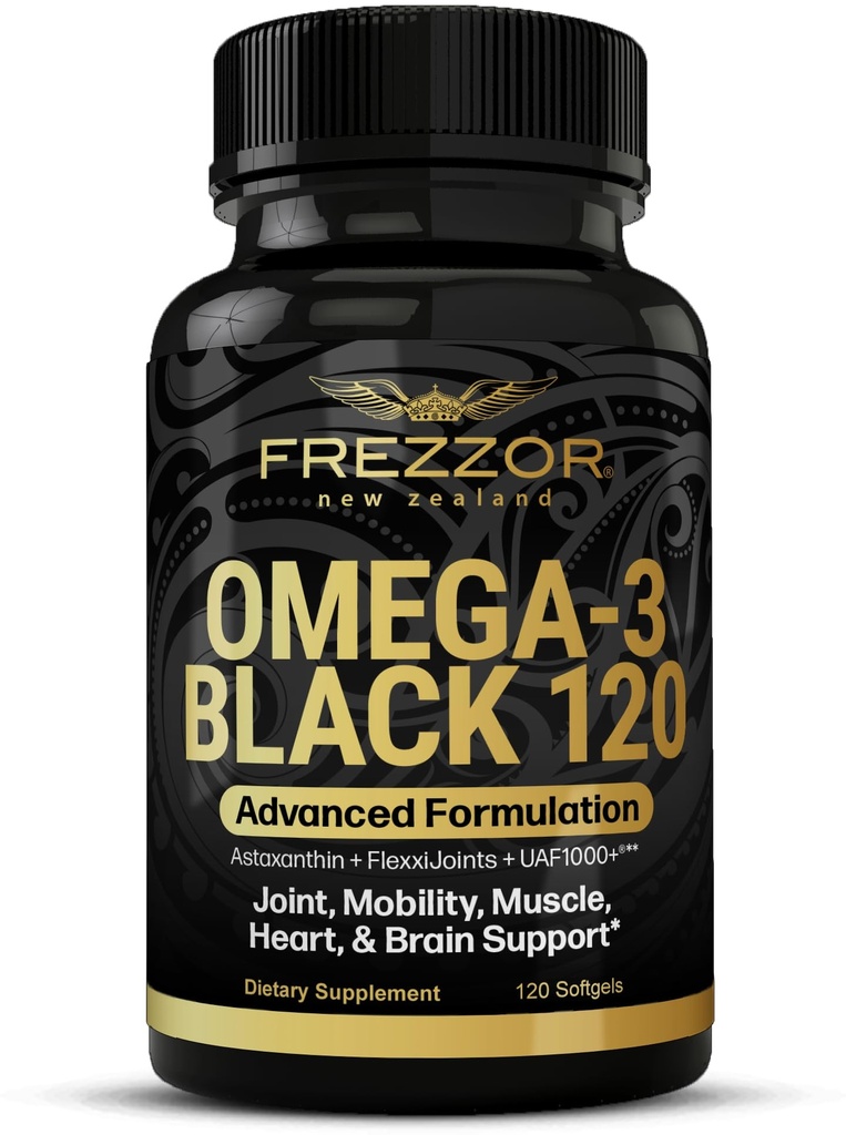 FREZZOR Omega 3 Black - Zelená Lipped Mussel Oil Kapsle, Vyrobeno na Novém Zélandu, UAF1000 +, No Fishy After taste, 120 Počet (balení po 1)