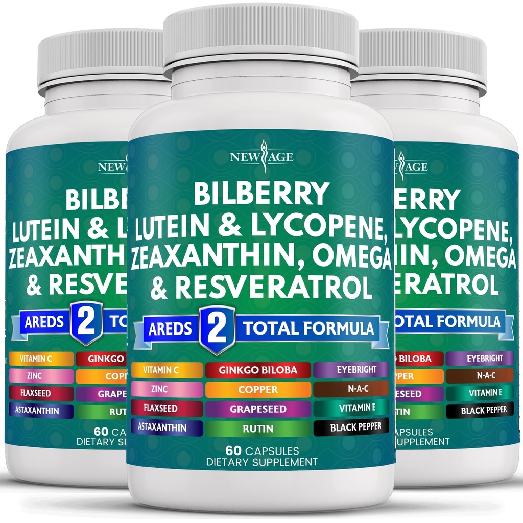 NEW AGE Eye Health Vitamíny s Bilberry Lutein & Zeaxanthin Lycopene Resveratrol Grape Seed Extract Astaxanthin - Oční vitamín - 180 Počet