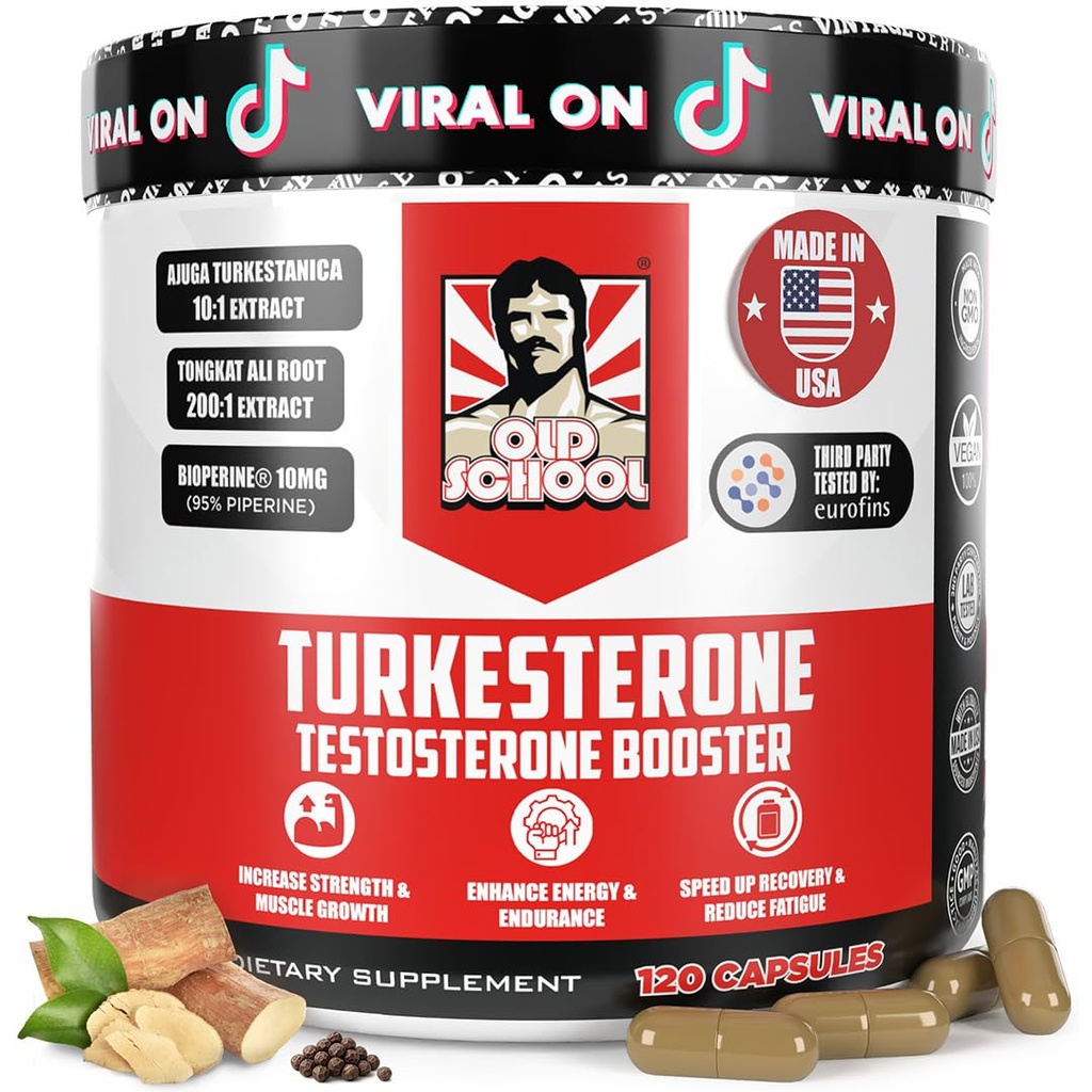 Old School Labs Testosteron dodatek pro muže - Max Potency Tongkat Ali s BioPerine ® pro Max Absorpce, Podporuje svaly, síla, zotavení, Drive & Stamina - Turkesteron, 120 Kapsle