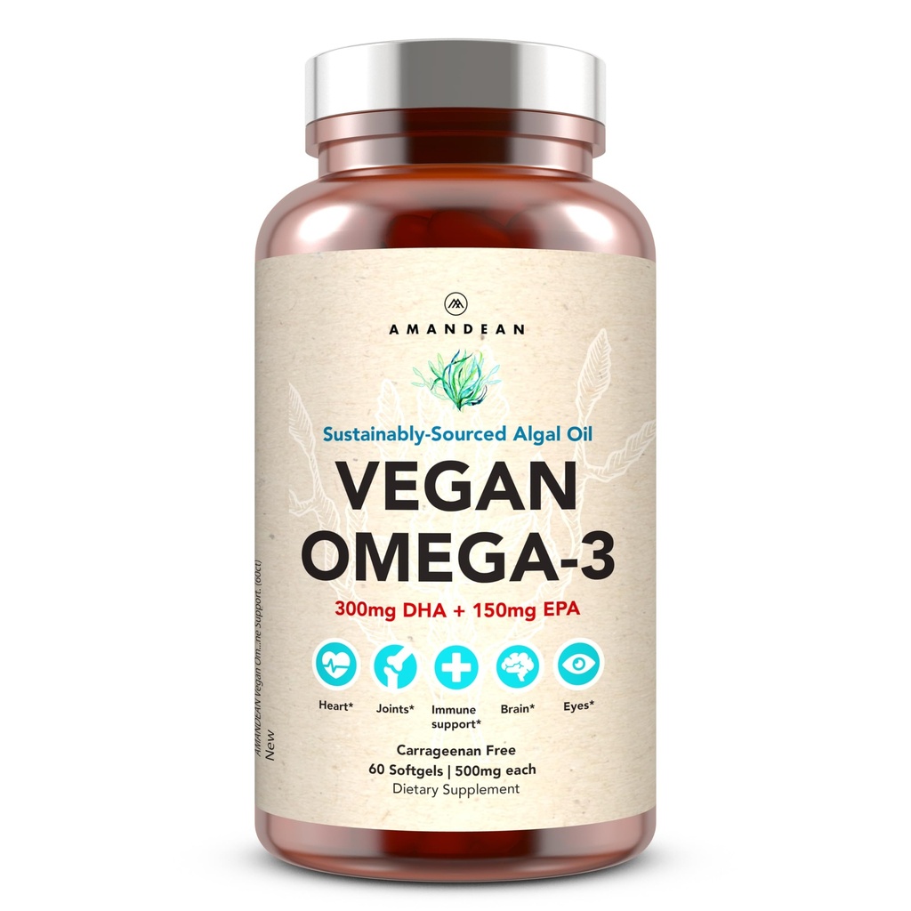 AMANDEAN Vegan Omega 3 dodatek. Premium Fish Oil Alternative. Řasy DHA & EPA. Karagenan Volné kalhotky. Algal Essential Fatty Acids. Plant Based Heart, Mozek, Oko, Kůže, Imunitní podpora. (60ct)