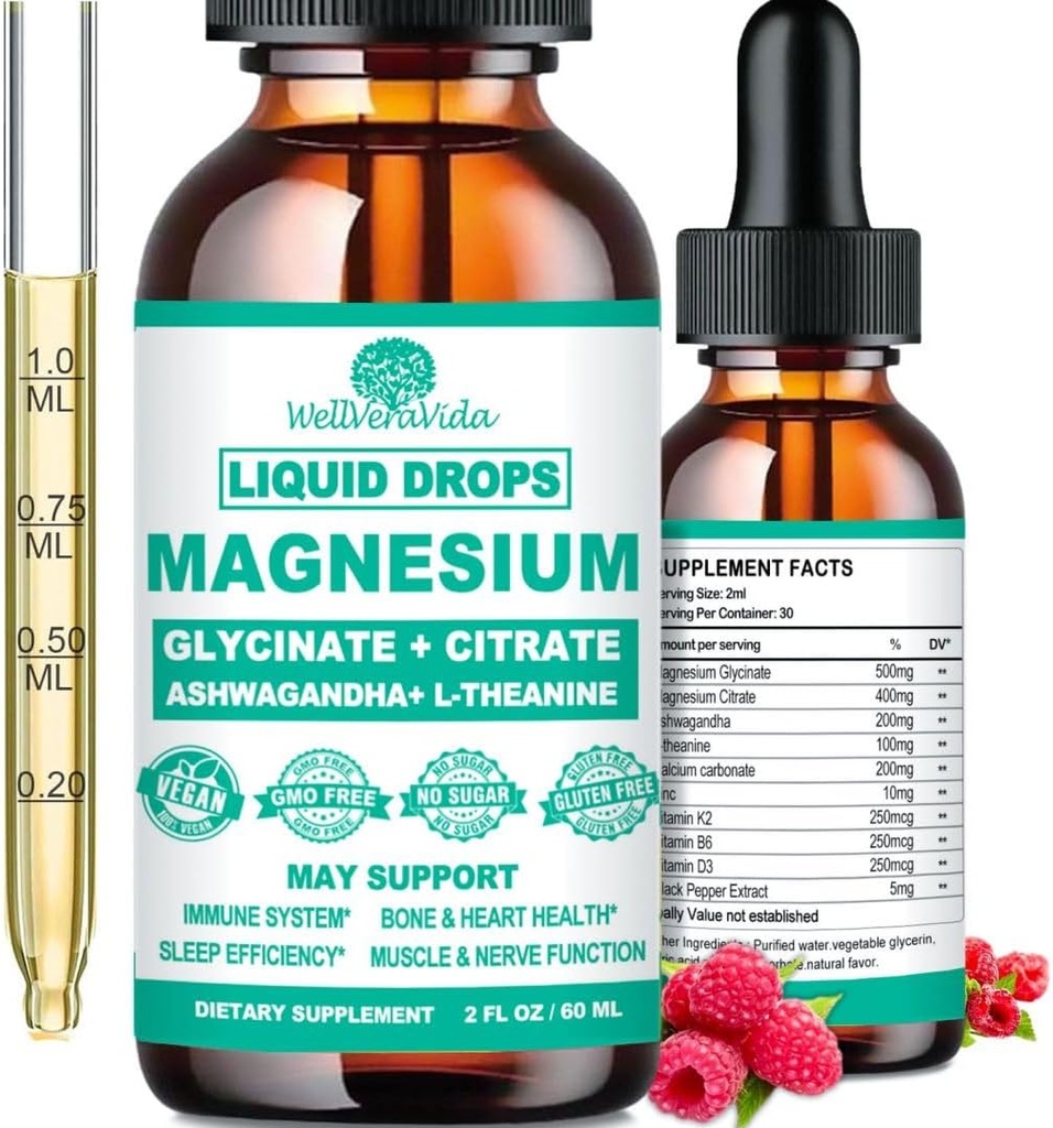 Glycinát hořečnatý 500 mg, Klidný Glycinát hořečnatý, Citrát s vitaminem D3 K2 B6 Ashwagandha, L- Theanine, Chelate Magnesium Complex Supplement Tekuté kapky pro imunitní spánkové nervy