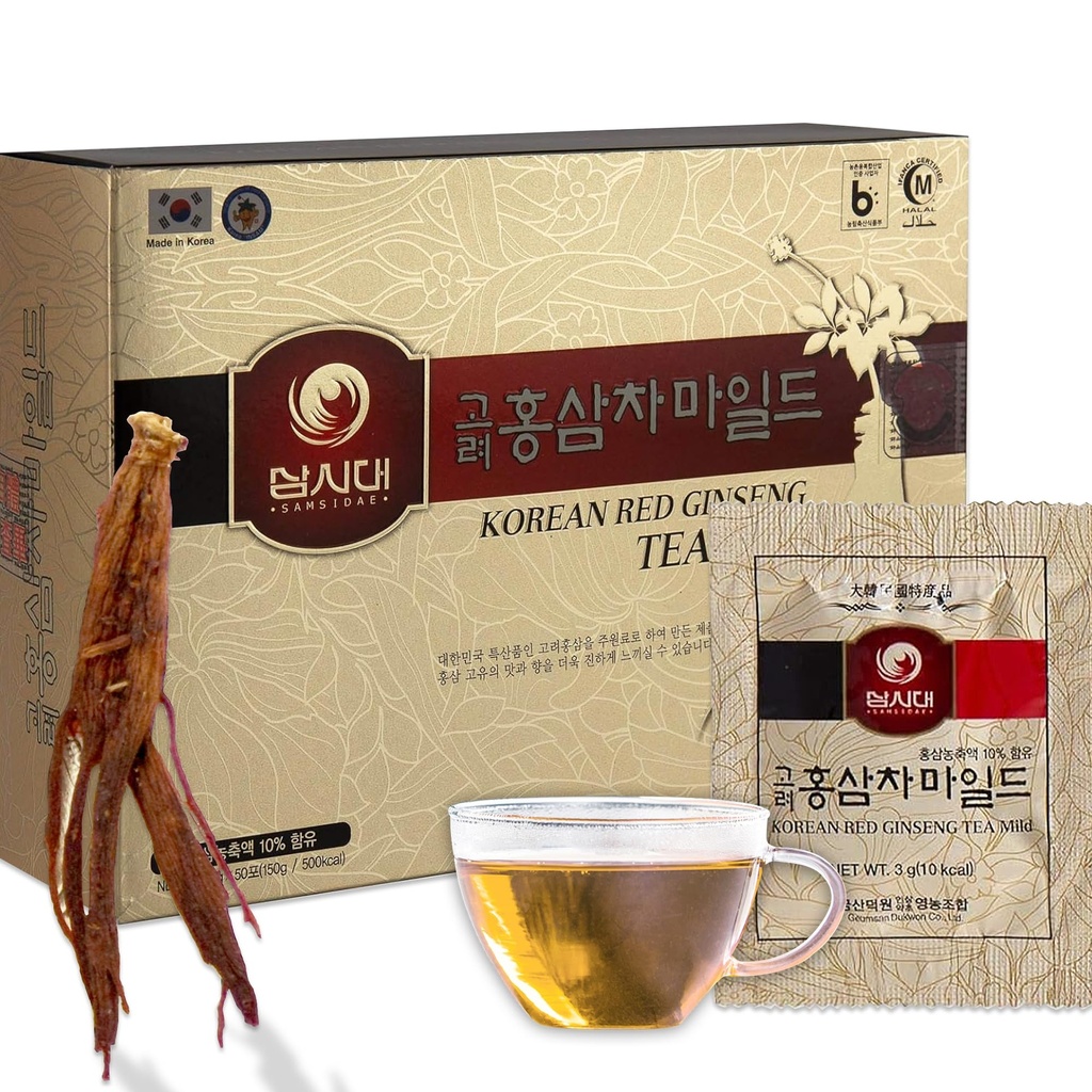 SAMSIDAE Korean Panax Red Ginseng Instant Tea, Box 50 Sachets, Zlepšuje krevní oběh, Duševní Využití a paměť, stimuluje energii