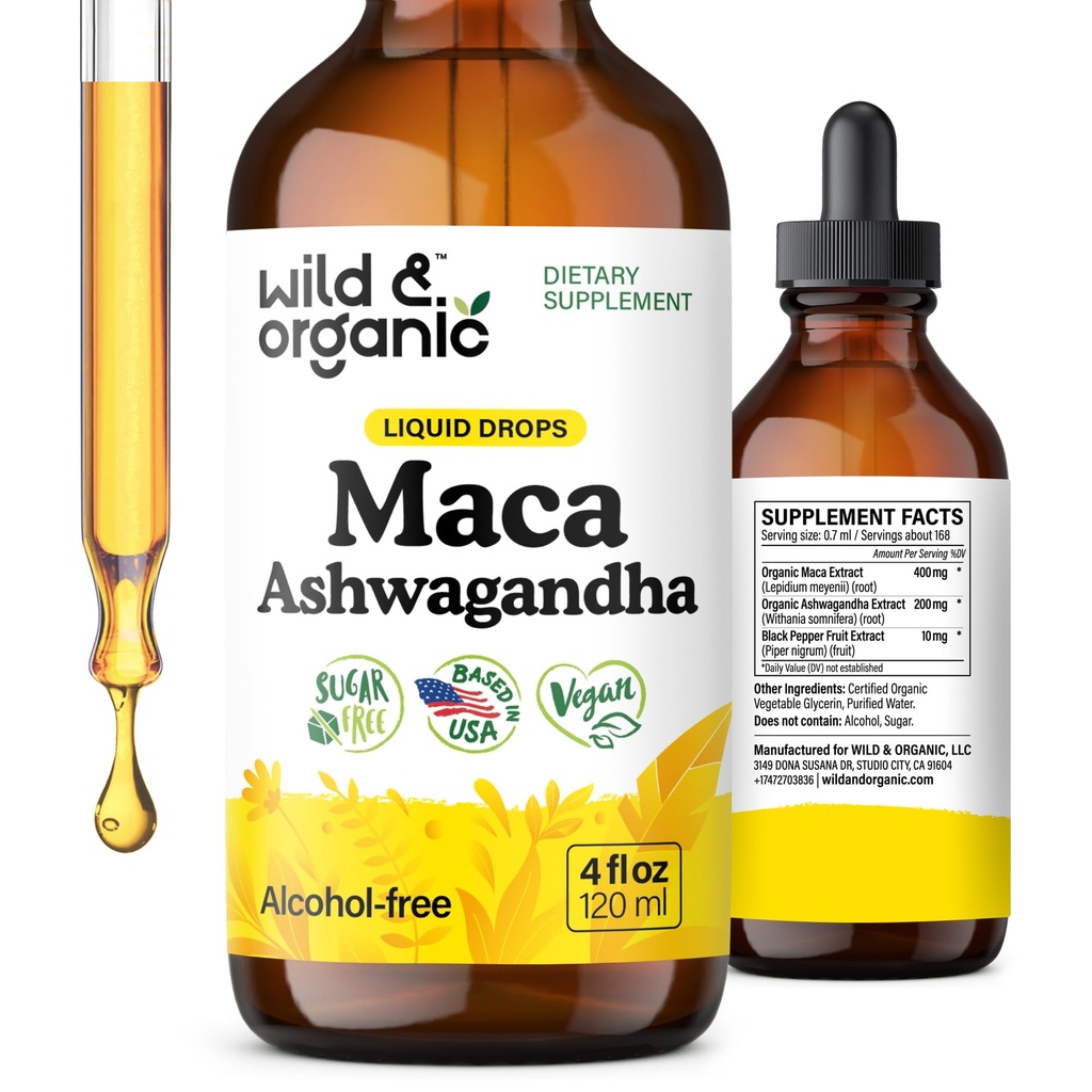 Wild & Organic Maca Root Ashwagandha Drops for Men and Women - Liquid Maca Ashwagandha Dodatek pro celkovou podporu - Peruánský extrakt tinktura - Vegan, cukr & Alcohol-Free - 4 fl oz