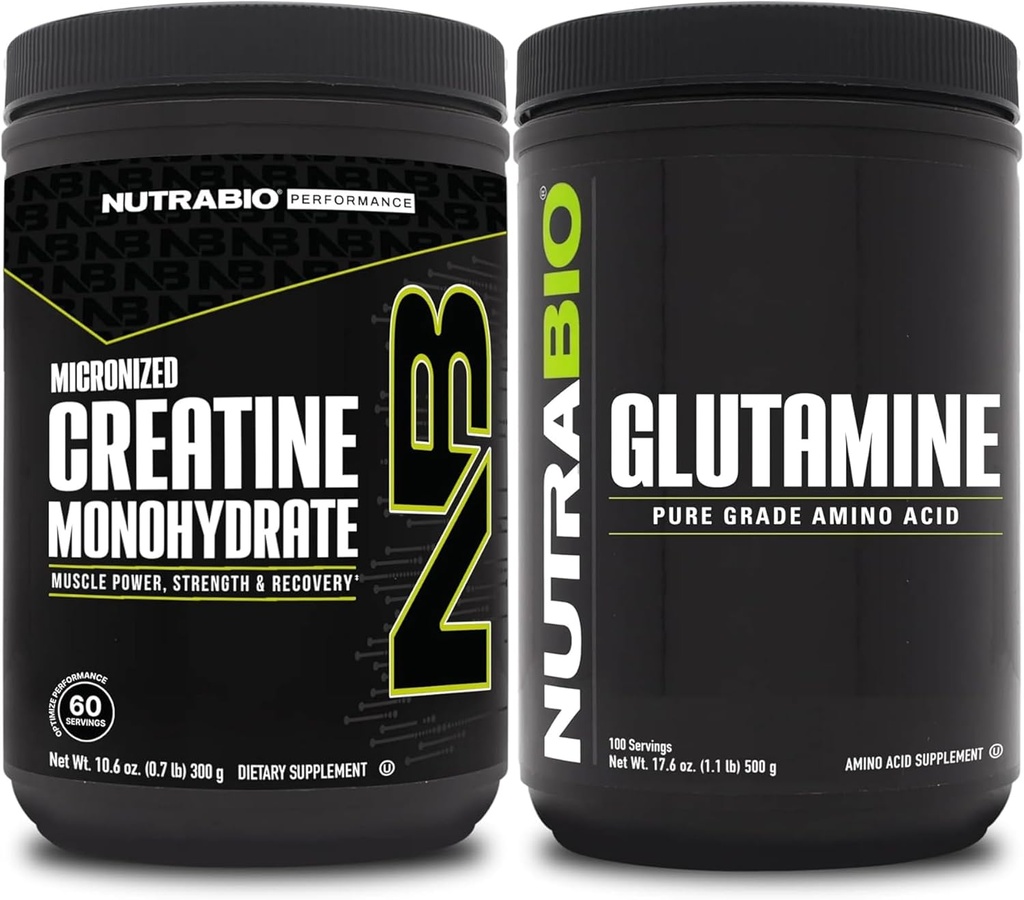 NutraBio Creatine Monohydrát Dodatek, Neochucený, (300g) a L-glutamin prášek, (500g) - Cvičení Příplatek Svazky podporuje svalovou energii, obnovu a sílu