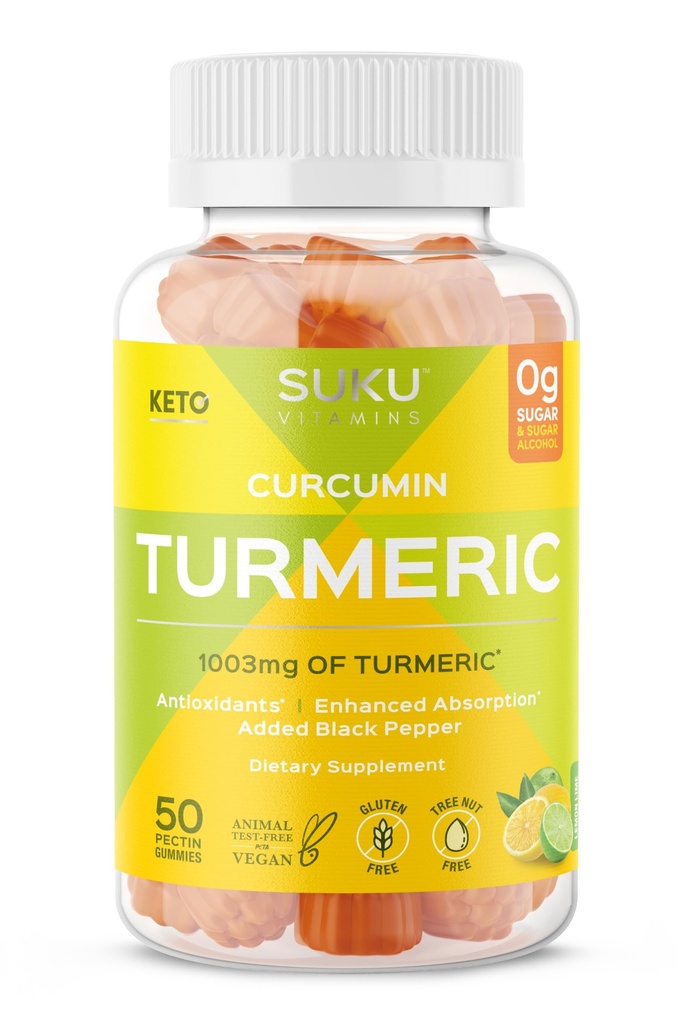 SUKU Kurkumin bez cukru gumy se 1003mg kurkumy - Black Pepper chrání játra, zlepšuje potravu, Zánět reakce a společné zdraví - Lemon Lime Flavour (50 Gummies)