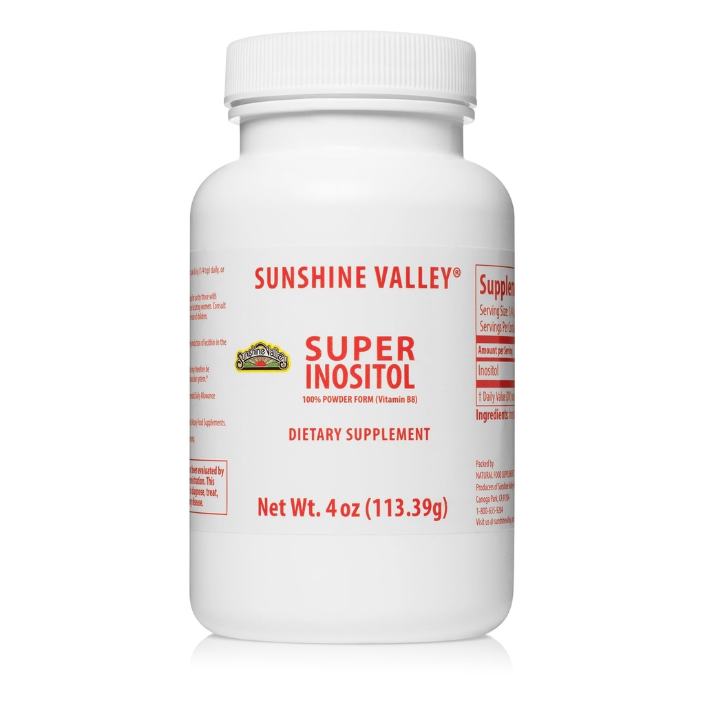 Sunshine Valley ® Super Inositol, Vitamin B8 Práškový doplněk stravy, Přírodní PCOS doplněk plodnosti, Hormonální rovnováha a zdravé ovariální funkce podpora - 4 oz