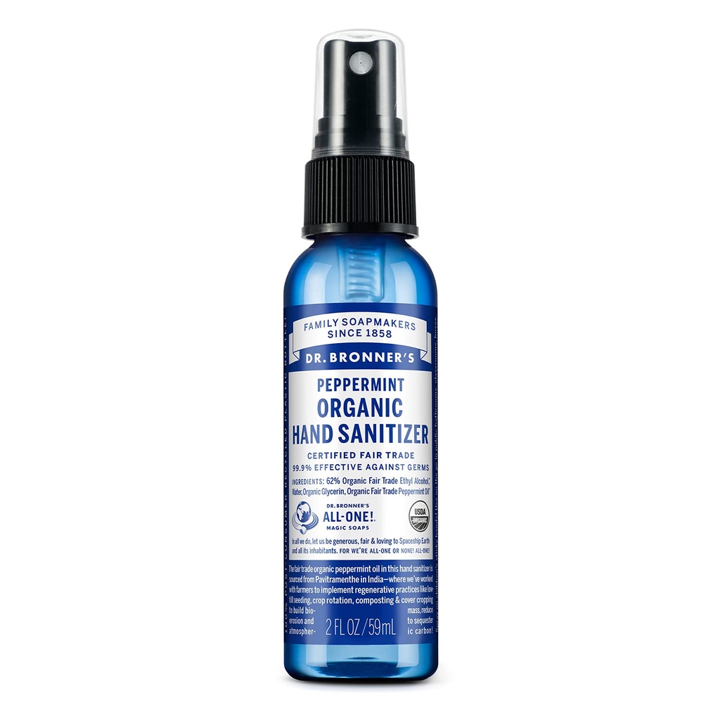 Dr. Bronner je - Organic Hand Sanitizer Spray (Pepermint, 2 unce) - Jednoduché a efektivní Formule, Cleanses & Sanitises, No Harsh Chemicals, Moisturizes a Cleans Hands