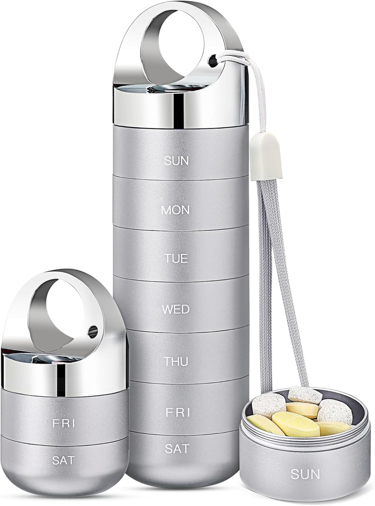 Zannaki Metal Travel Pill Organizátor, Přenosný Vodotěsný Týdenní Pill Box, Velký hliníkový Alloy Pouzdro Kontejner, BPA Volný 7 Daily Medicine Organizátor Držák na vitamín, Rybí olej, Dodatek