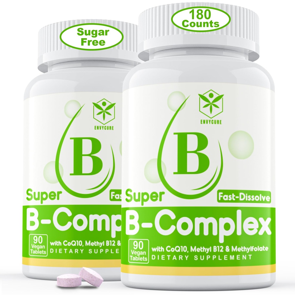 Sugar Free Vitamin B Complex with Methyl B12, MethylFolát, B6, B1, B2, B3, Fast Disolute Highly Bioavailable Methyled B Complex Supplement for Energy Levels, Neural System, Vegan, 180 Tablety
