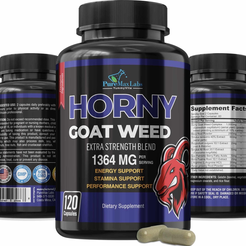 Nadržená kozí tráva Extra síla - 120 Kapsle w. Maca, L- Arginin, Ginseng - Boost Touha, Výkon, Stamina, Energie, Non- GMO Formule, 120 Kapsle