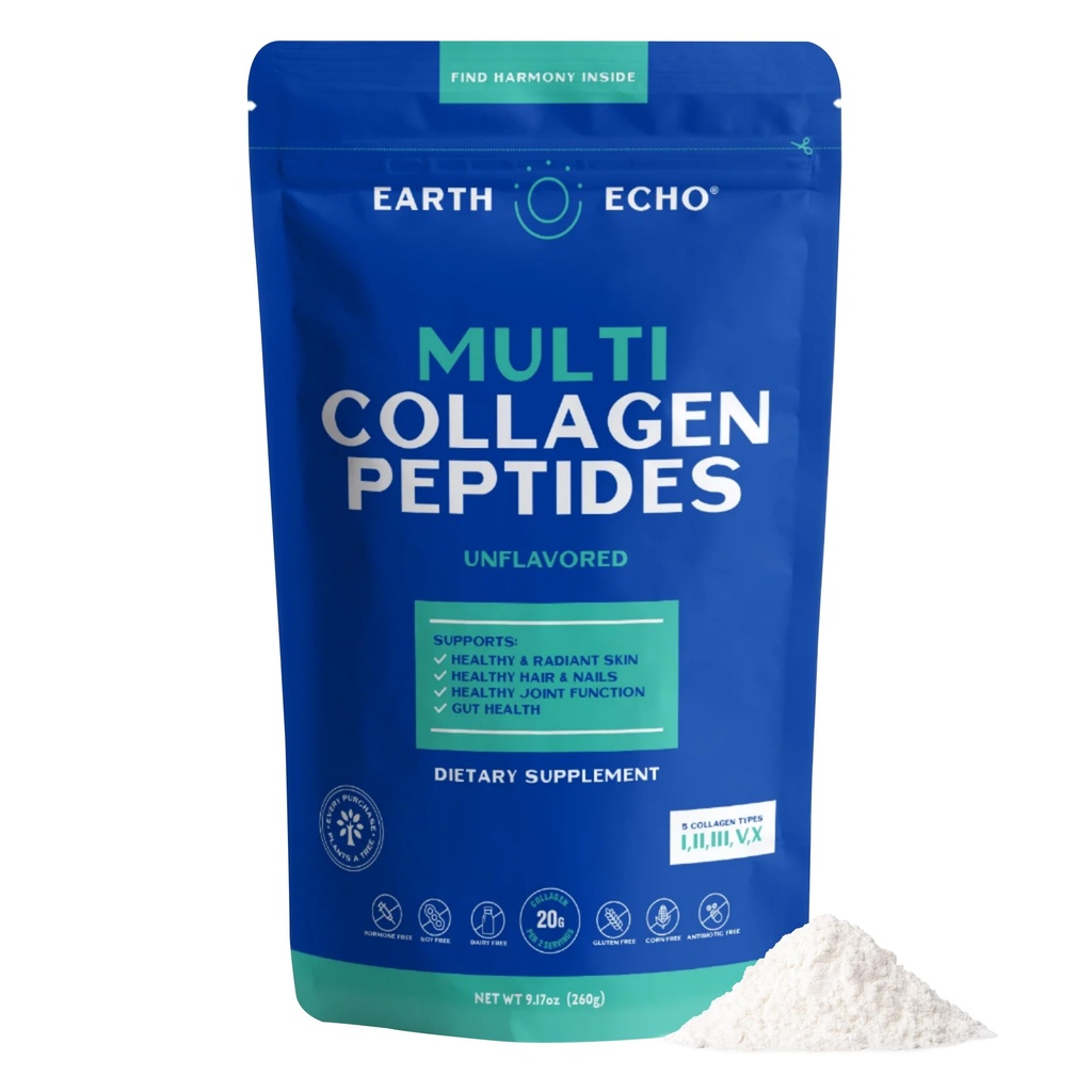 Earth Echo Multi kolagen Peptidy, Hydrolyzované kolagen s vitaminem C a Hyaluronic acid, podporuje Radiant Skin, Zdravé klouby, Gut zdraví a imunitní funkce, Dairy- Free, 26 Služeb