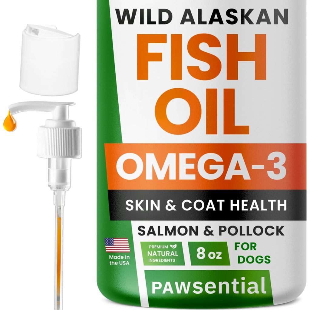 Omega 3 Rybí olej pro psy a kočky - Vyrobeno s Aljašským lososovým olejem; Liquid Fish Oil Supplement pro domácí zvířata s Omega 3 EPA + DHA Fatty Acids; Real Ingredients, Real Taste - Důvěryhodný veterináři!