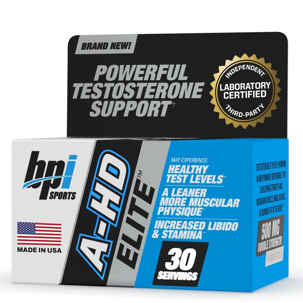 BPI Sports A-HD Elite - Mužský mocný testosteron Booster pro Staminu, síla, sexuální podpora - Podporuje svaly, Libido & Metabolismus - Přírodní testosteron dodatek - 30 Služebnictvo - 500mg
