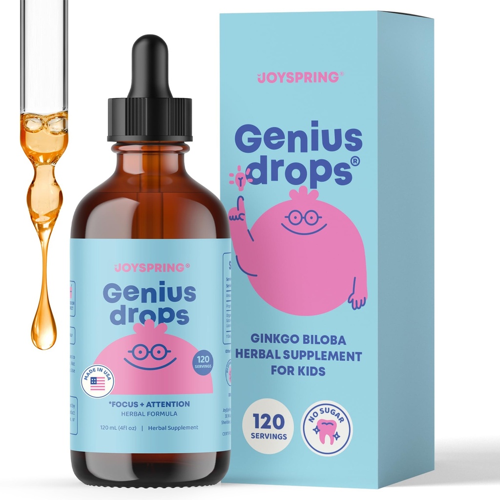 JoySpring Genius Drops - Organic Focus Drops for Kids CLAS124; Klinicky osvědčený Focus Doplněk pomáhá dětem lépe pracovat ve škole CLAS124; Liquid Herbal Supplement with Ginkgo Biloba (4 fl oz) 120 Servings