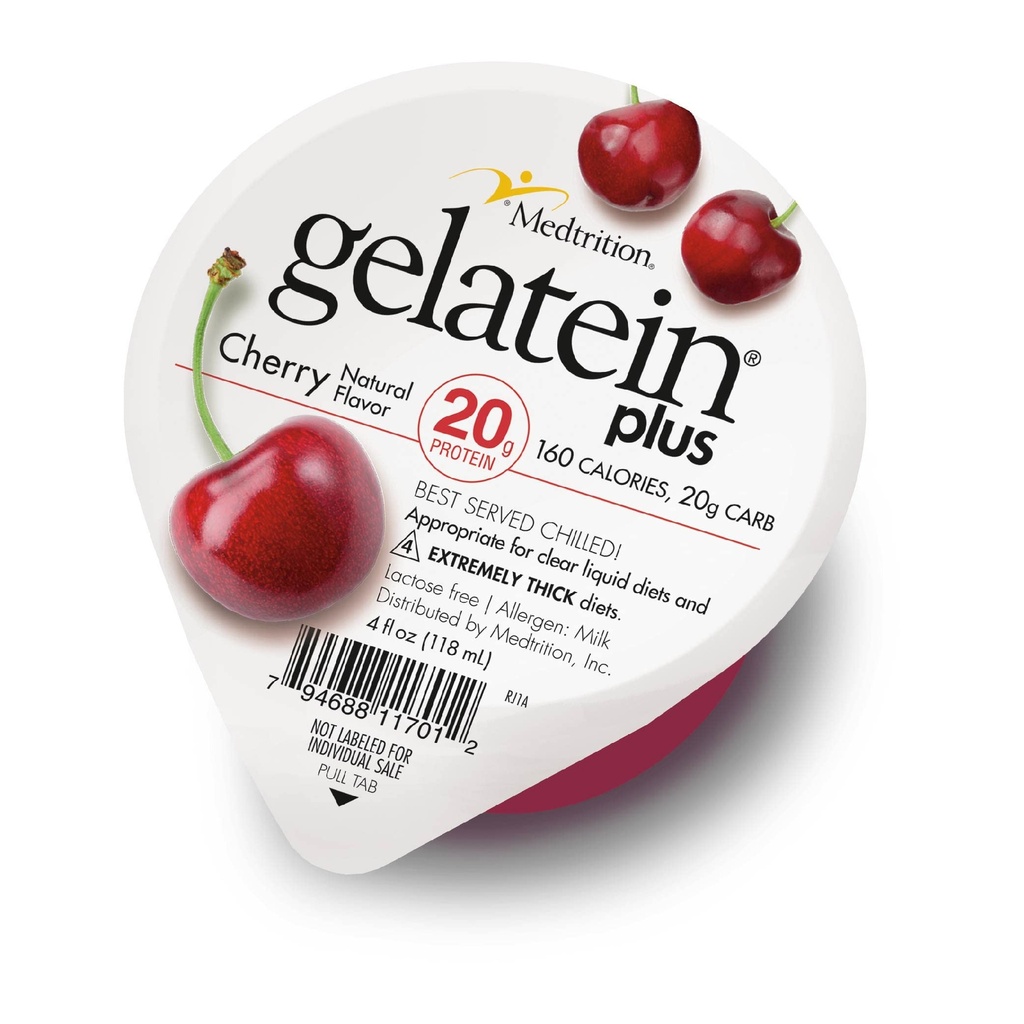 Gelatein Plus Cherry: 20 gramů proteinu. Ideální pro čistou tekutou dietu, problémy s polykáním, dialýzu a onkologii. Skvělé před nebo post- cvičení svačinu. (12 balení)