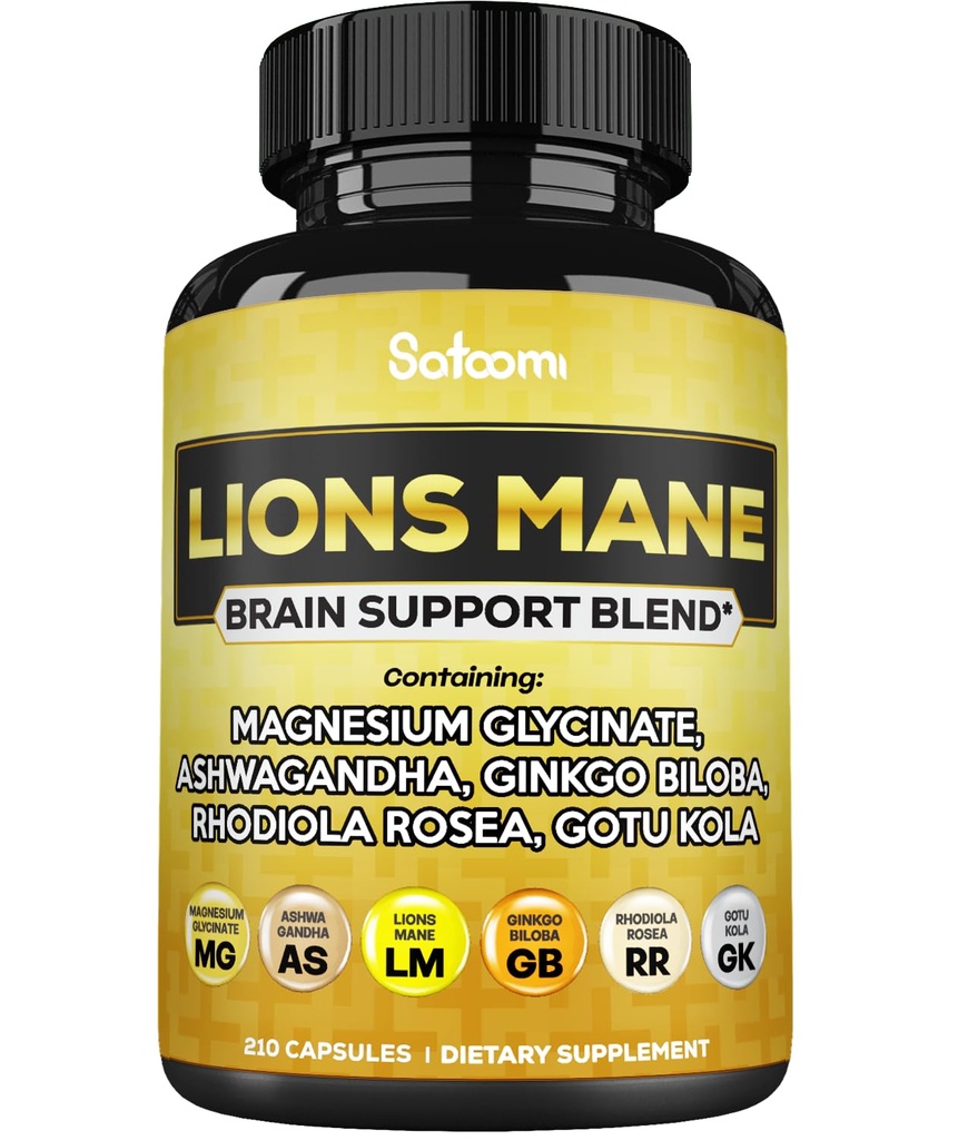 Lions Mane Doplněk Kapsle s hořčíkem s Ashwagandha Root, Ginkgo Biloba, Rhodiola Rosea a Gotu Kola - 210 Vegan Kapsle - Podpora zdraví mozku, pozitivní nálada a výroba energie