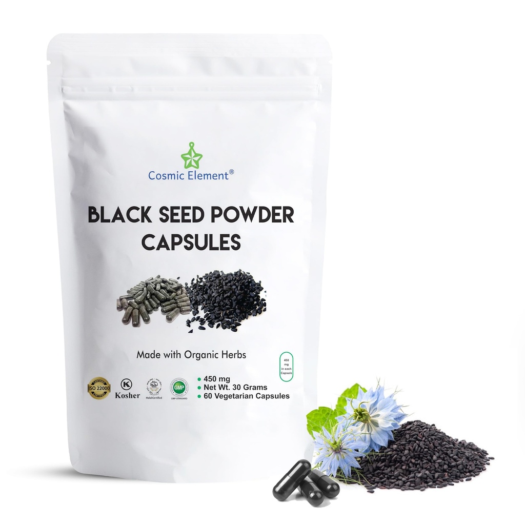Kosmické element 100% čisté černé semeno prášek Kapsle organické - Vegan Nigella Sativa 450mg Black Cumin Seeds per Servining - 60 Kapsle