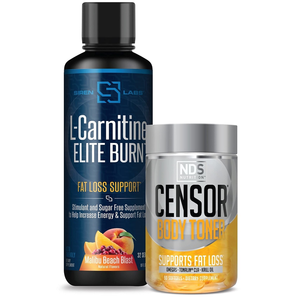 Cenzor NDS Nutrition Fat Loss- Body Toner s CLA (90 Softgels) & Siren Labs L- Carnitin Elite Burn Fat Loss Support Malibu Beach Blast 3000 mg (32 Servings)