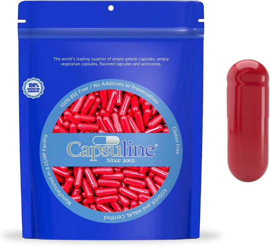 Capsuline Velikost 0 - Barevné červené prázdné želatiny Kapsle - 500 Počet - Prázdný gel Pill Kapsle - DIY Čisté plnicí kapsle - Prázdné kapsle - Kosher a Halal Certified