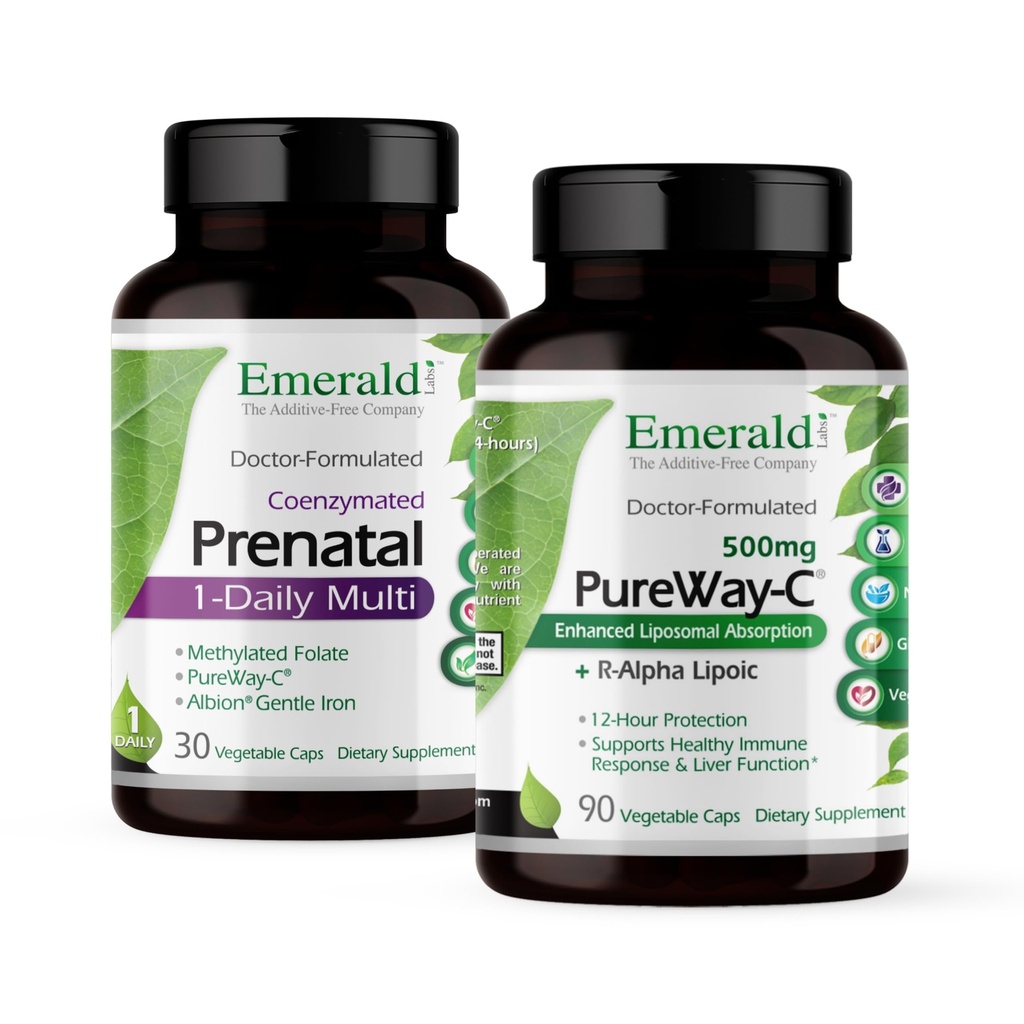 Emerald Labs Bundle s Prenatal 1- Daily Multi (60 Veg Caps) & PureWay-C (90 Veg Caps) - Prenatal Multivitamin s methylovaným folátem, železo & Více * - Vitamin C dodatek s R-Alpha Lipoic Acid *