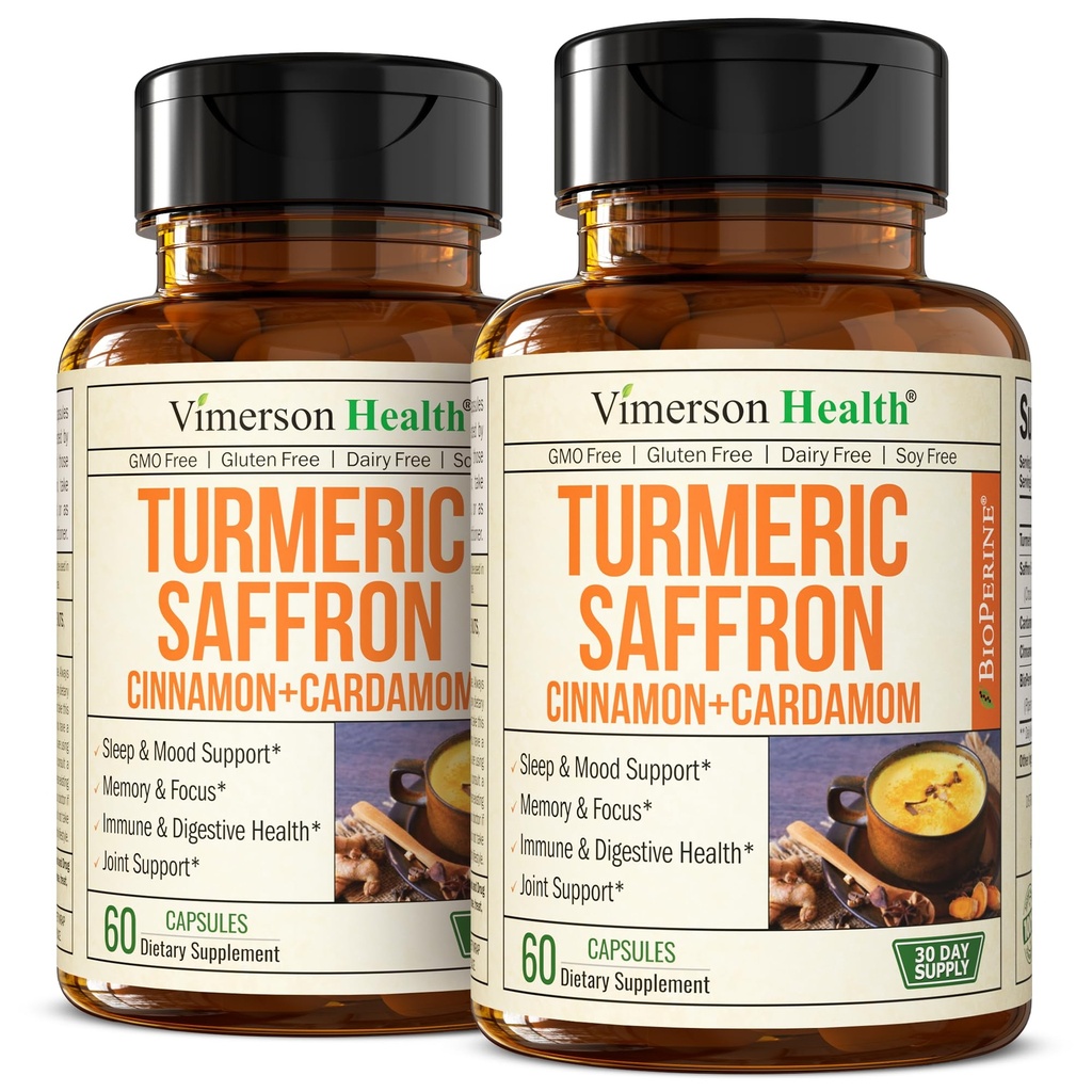 Saffron doplňky - 89mg Saffron Extract a 1000mg Tumeric Blend - Turmeric Supplement with Ceylon Cinnamon and Cardamom for Mood, Paměť a Oční zdraví - Společné doplňky pro ženy a muže - 2 Pack