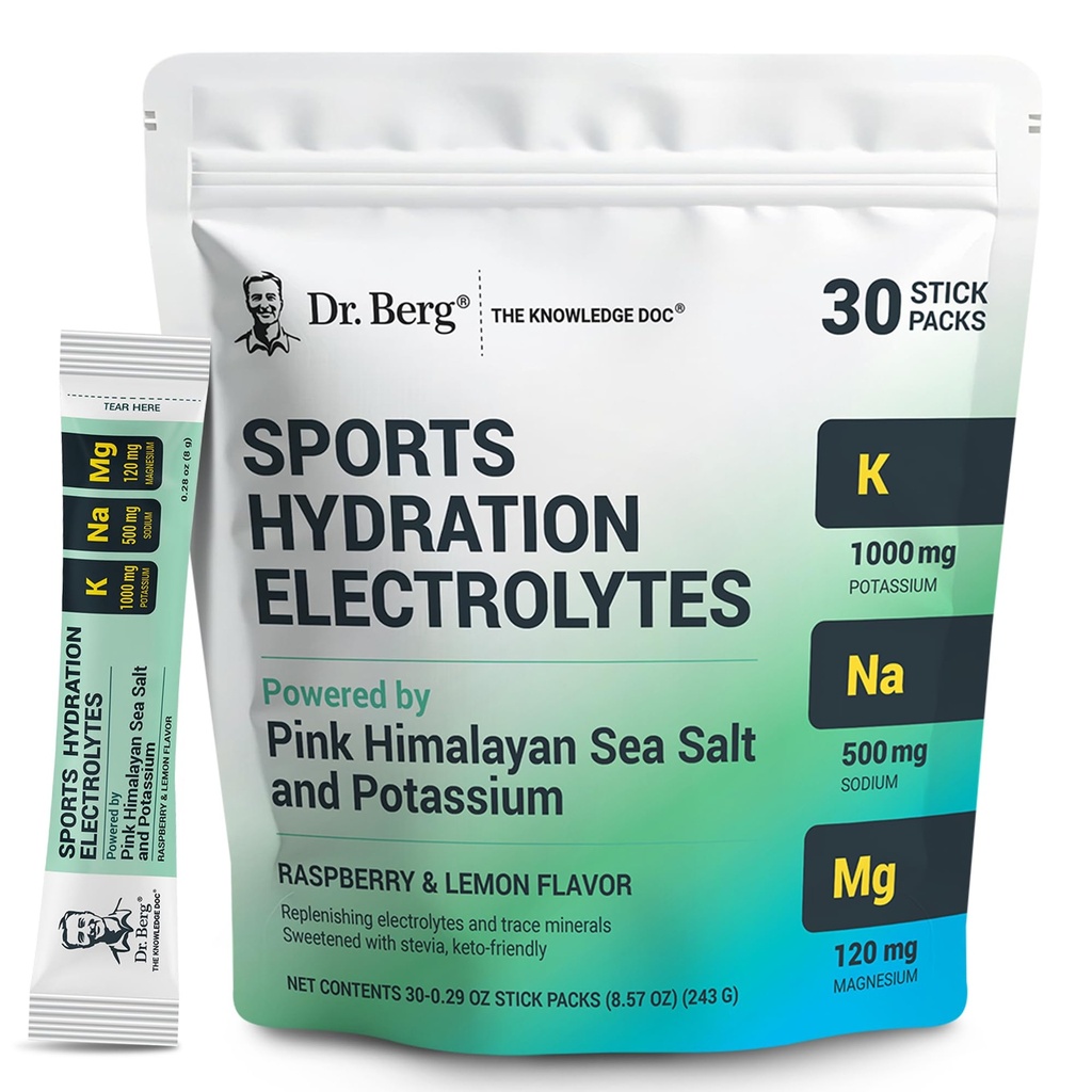 Dr. Berg Sports Hydration Electrolytes Powder w / More Salt (Pink Himalayan) - 30 Keto Electrolytes Powder Packets w / a Delicious Salty Raspberry & Lemon Flavor - Obsahuje 1 000 mg draslíku