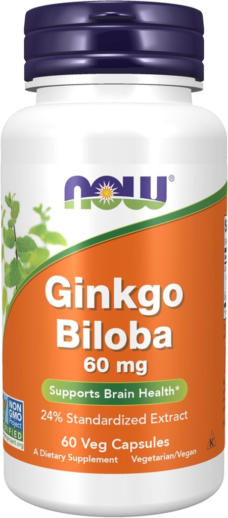 Nyní Potraviny Doplňky, Ginkgo Biloba 60 mg, 24% Standardizovaný extrakt, Non- GMO Projekt ověřen, 60 Veg Kapsle