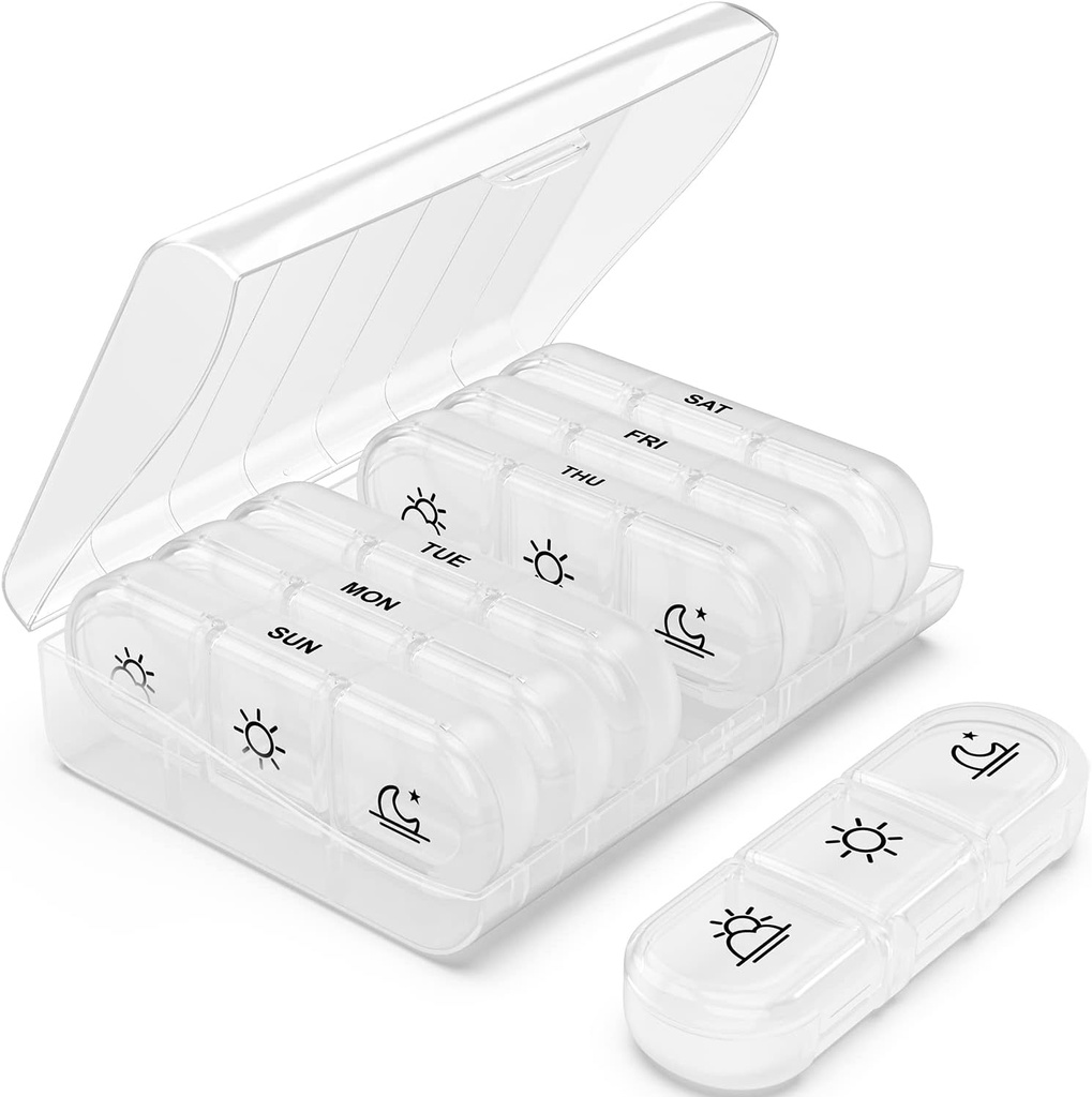 PULIV Týdenní porce Organizátor 3 krát denně, Přenosný cestovní Pill Box 7 Den s velkými Pill Kontejnery, Light- Proof Pill Pouzdro pro vitamíny, léky, doplňky a rybí oleje (White)