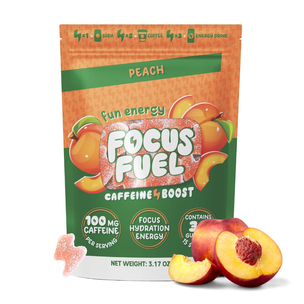 FocusFuel Energy Chews - Peach Flavor (15 Servings) - 100mg Caffeine + Alpha GPC + L-Theanine + B12, Magnesium - Hladký Focus & Energy - No Crash or Jitters