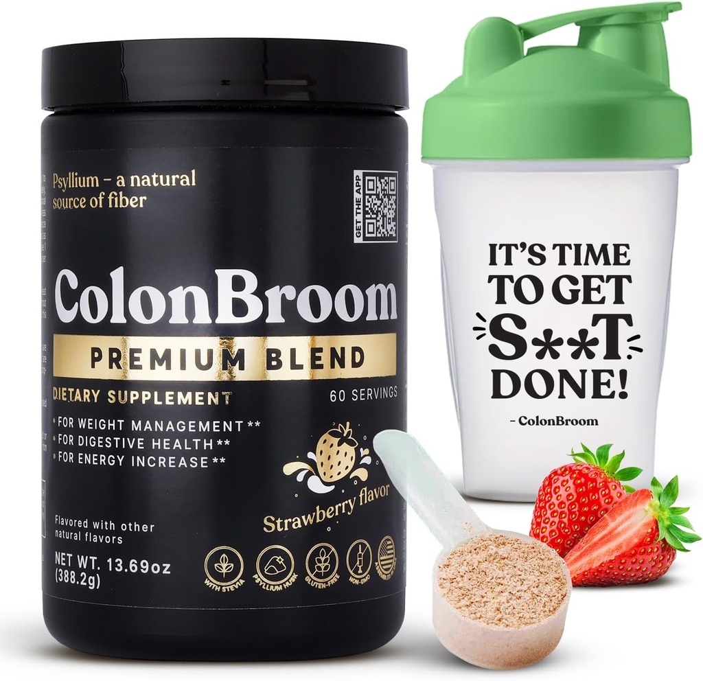 ColonBroom Premium Psylium Husk Powder (Strawberry, 60 Servings) + Shaker Lahvička pro Colon Broom Powder Bundle - Colon Cleanse for Bloating Relief & Gut Health - Fiber Powder Dodatek
