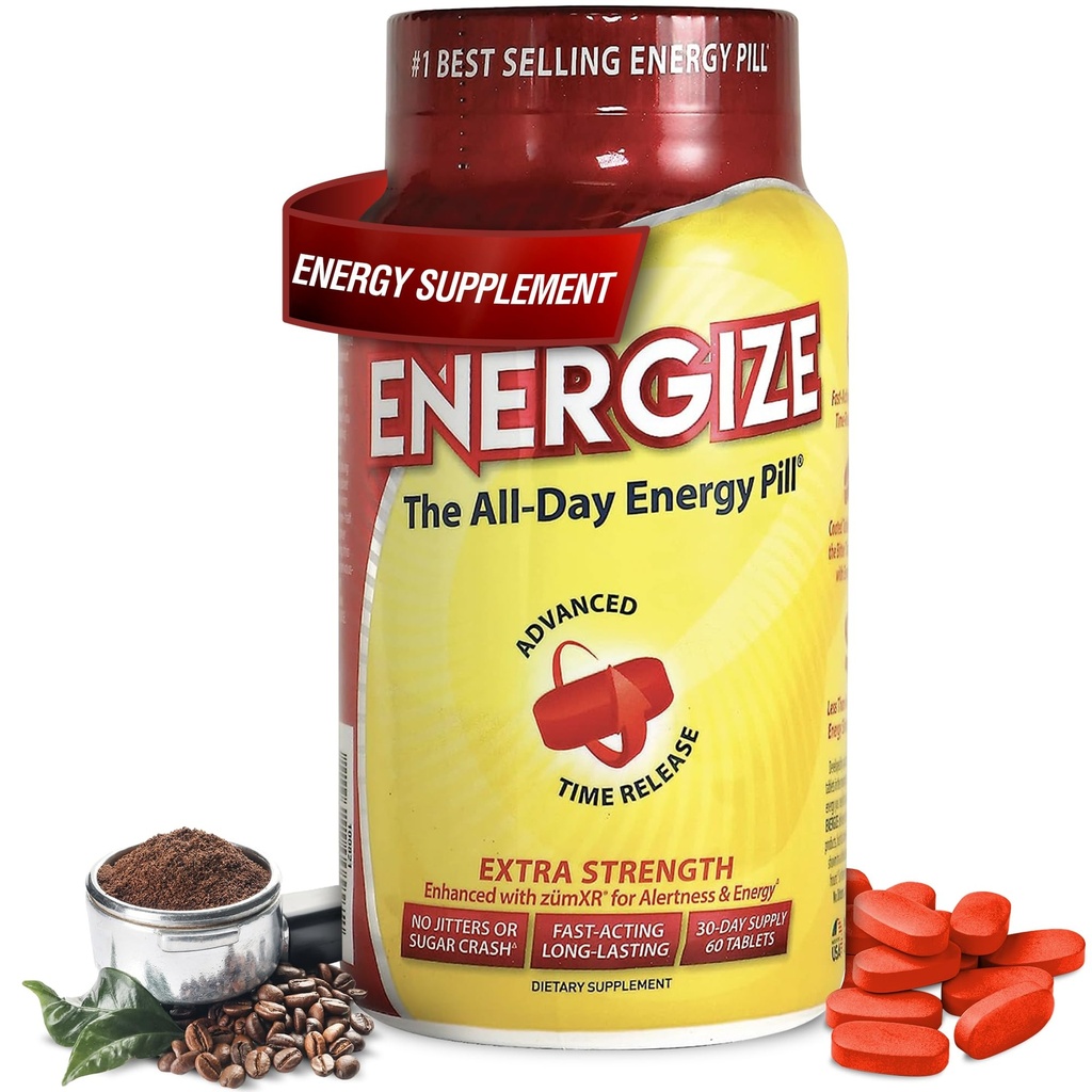 Energize Extra Pevnost Kofeinové pilulky, Rychlé hraní Long- Lasting Energy Pill s rozšířeným time Release Kofein, Lepší Clarity & Energy Support pro muže a ženy, No Jitters, No Crash (60 Tablety)