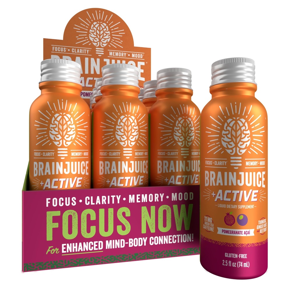 BrainJuice Active Focus & Energy Drink Shots, Podporuje Endurance, Recovery & Clarity, Non-GMO, Gluten Free, Nootropics, Alpha GPC, B Vitamins & Organic Green Tea, Pomegranate Acai, 2.5 fl oz, 12 Pack