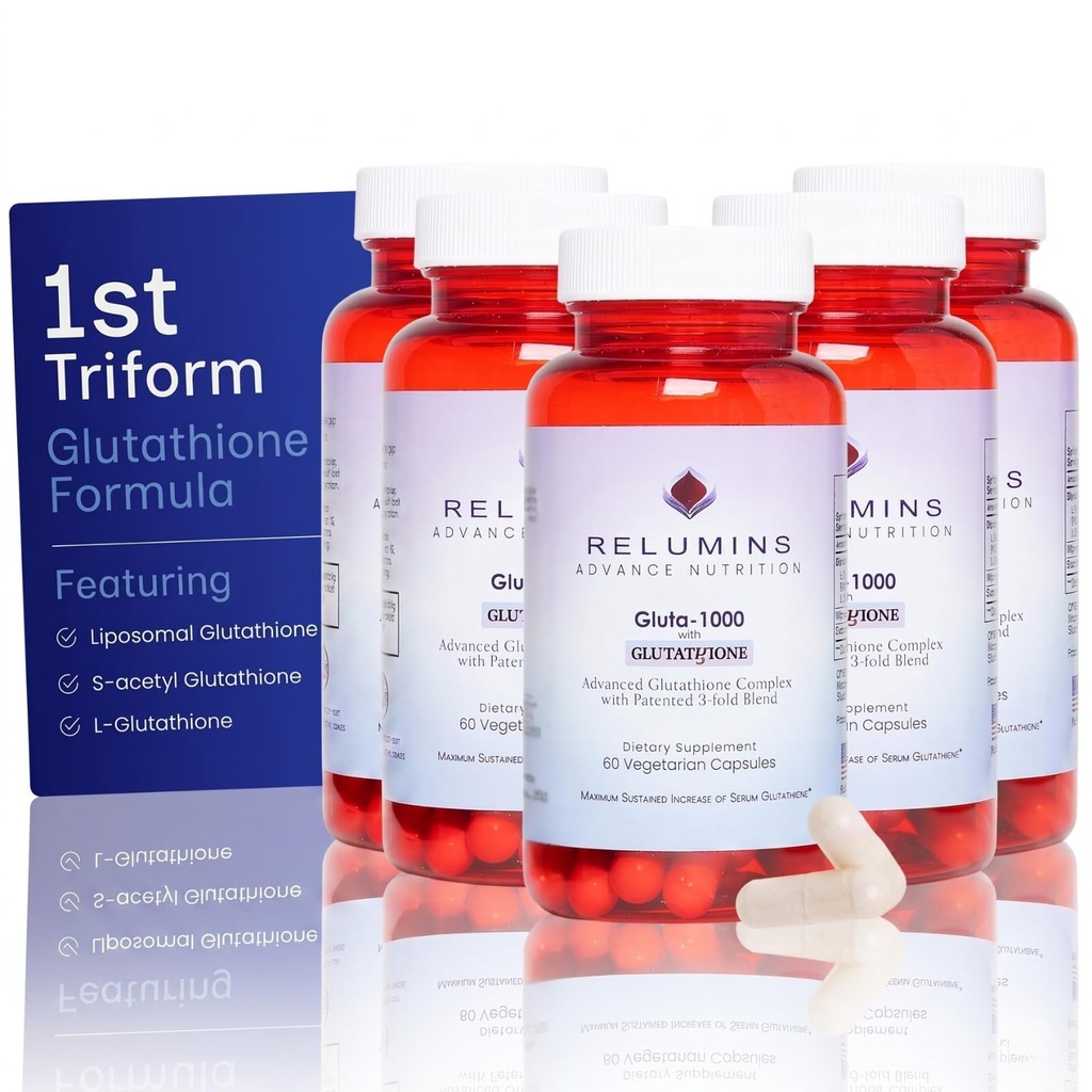 Relumins L Glutathione Supplement Complex - Reduced Glutathione 1000mg s Alpha Lipoic Acid & Rose HIPS Kapsle pro Nourged & Smoother Skin, 60 Caps x 5 Lahvičky
