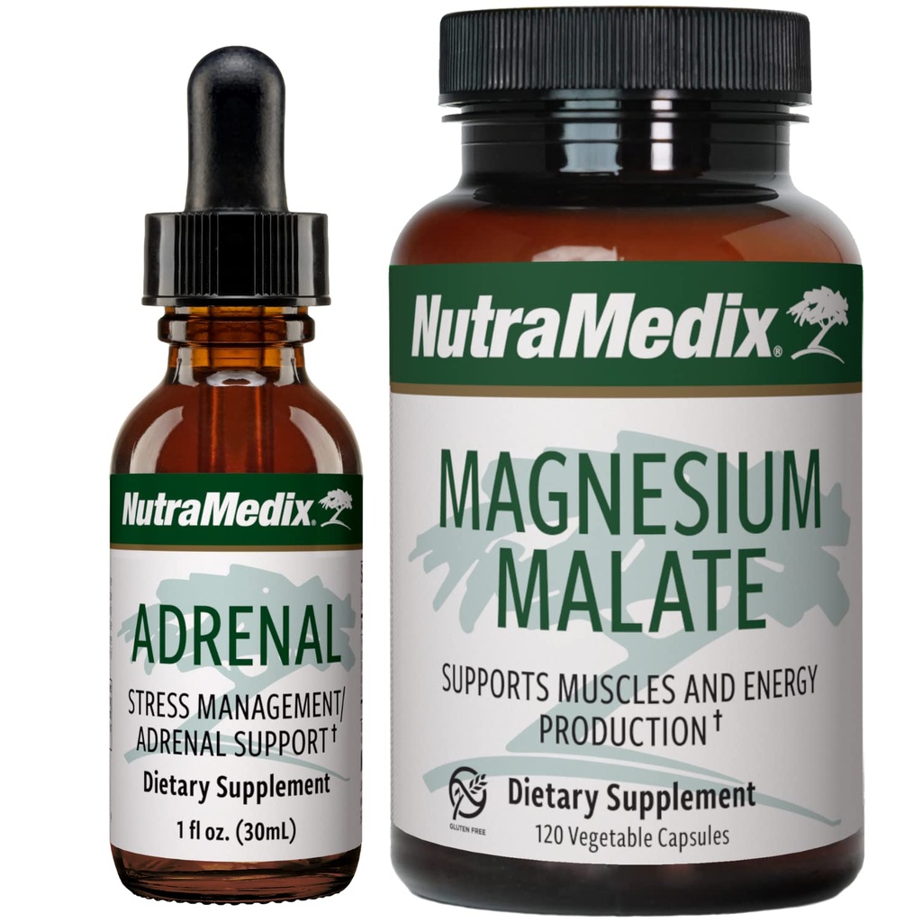 NutraMediační energetická podpora Bundle - Zahrnuje adrenální energie podporu kapalné kapky a hořčík Malátové kapsle pro energii a atletickou podporu - No Caffeine - 2-Díl doplněk Set