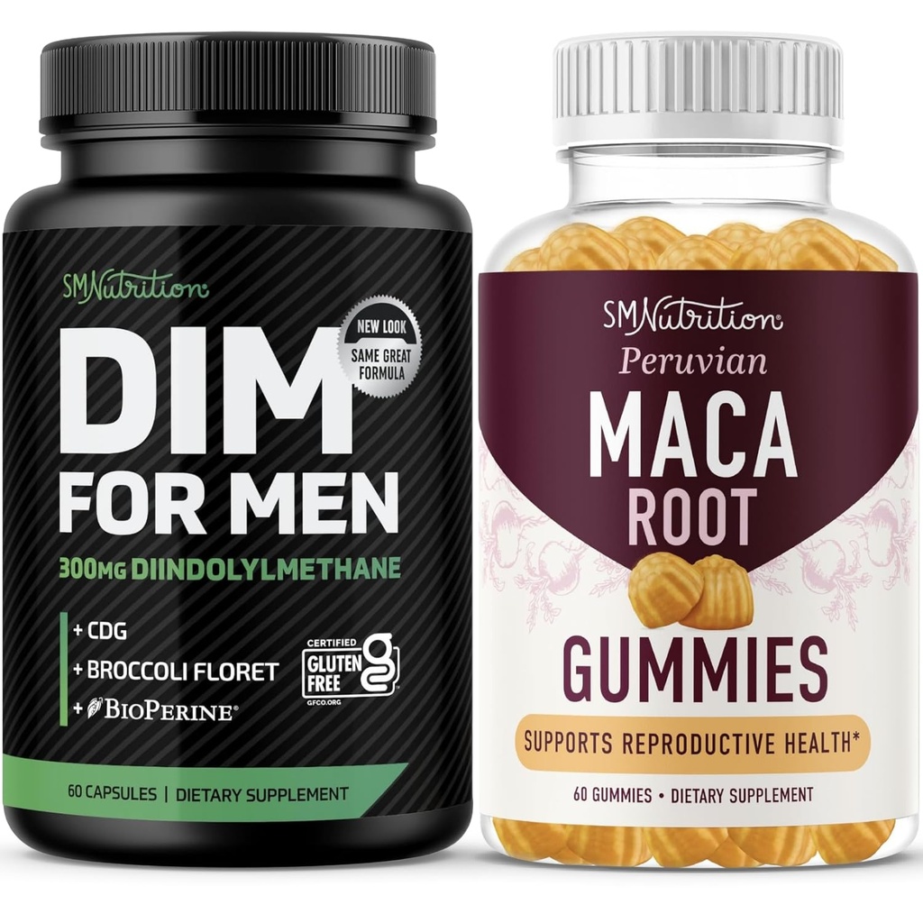 SMNutrition Maca Root Gummies & 300mg DIM doplněk pro muže pro testosteron a podporu výkonnosti CLAS124; Posílení Maca Gummies Complex (30 Služeb) s DIM Complex pro muže (60 Služeb)