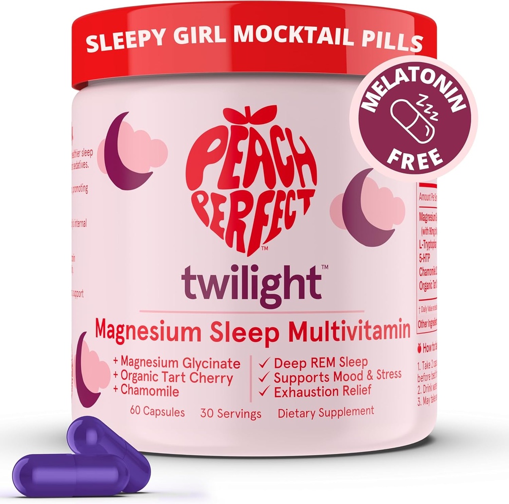 Peach Perfect Twilight Magnesium Glycinát Spánek Multivitamin Magnesium dodatek s organickým Tart Cherry, Heřmánek, 5-HTP, L-Tryptofan, Natural Sleepy Girl Mocktail, 60 Kapsle, 30 Sluhy