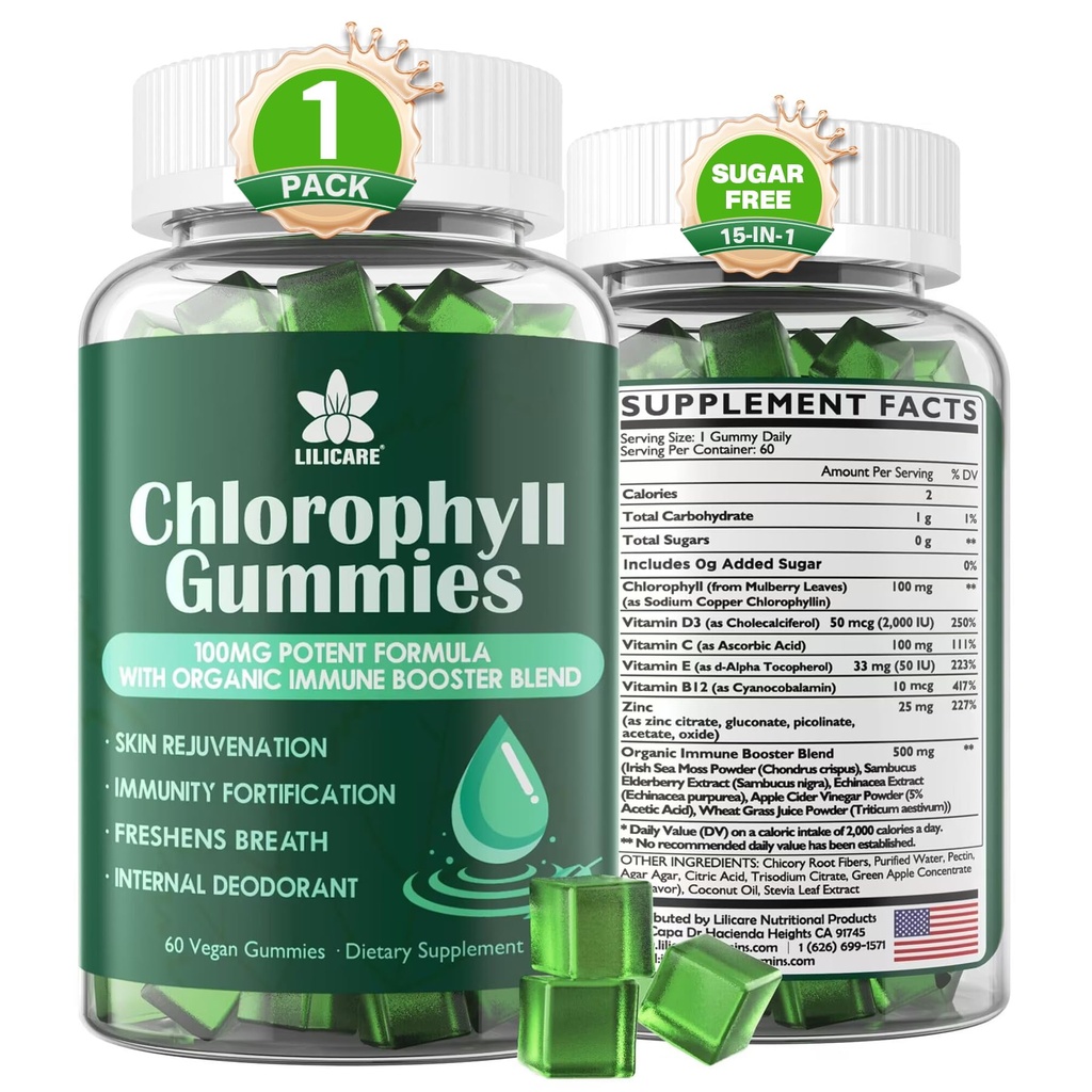 Chlorofylové žvýkačky - Super zelená s pšeničnou trávou, Mosy moře, nefiltrovaná ACV & Elderberry, Echinacea, Zinkový komplex a vitamín D3, C, E, B12 pro přírodní deodorant, Imunitní a potravní podpora, 60 Žvýkačky