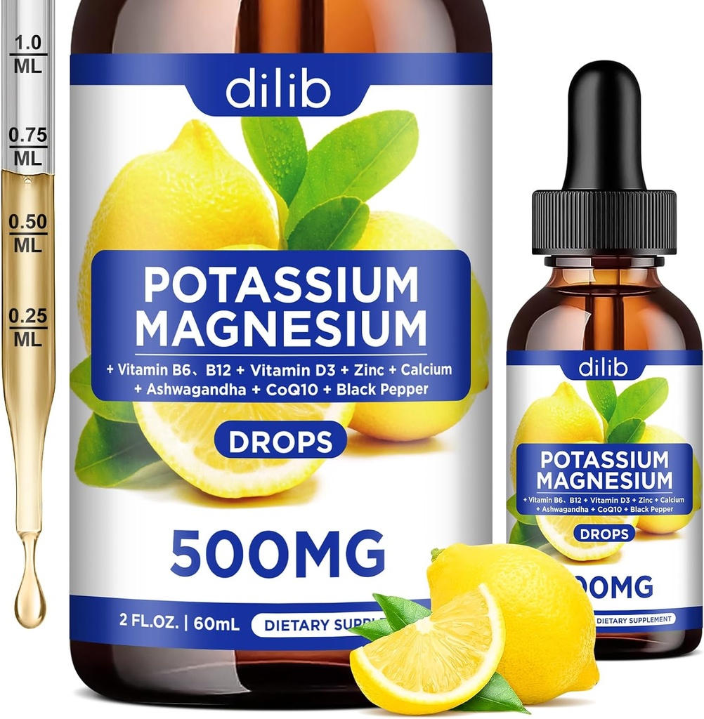 Draslík Magnesium Citrát dodatek, tekutý hořčík Citrát Kapky 500 mg s Ashwagandha, vápník, zinek, vitamín D3, B6, B12, CoQ10 - Vegan 2 fl oz Lemon Flavor