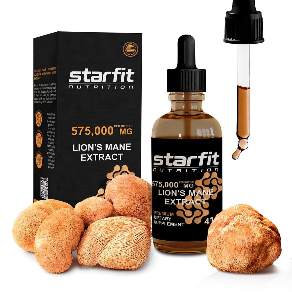 STARFIT Lion 's Mane Houba Extract, 575000 mg, Tekutý dodatek pro imunitní podporu, paměť, a trávicí zdraví, 4 fl oz