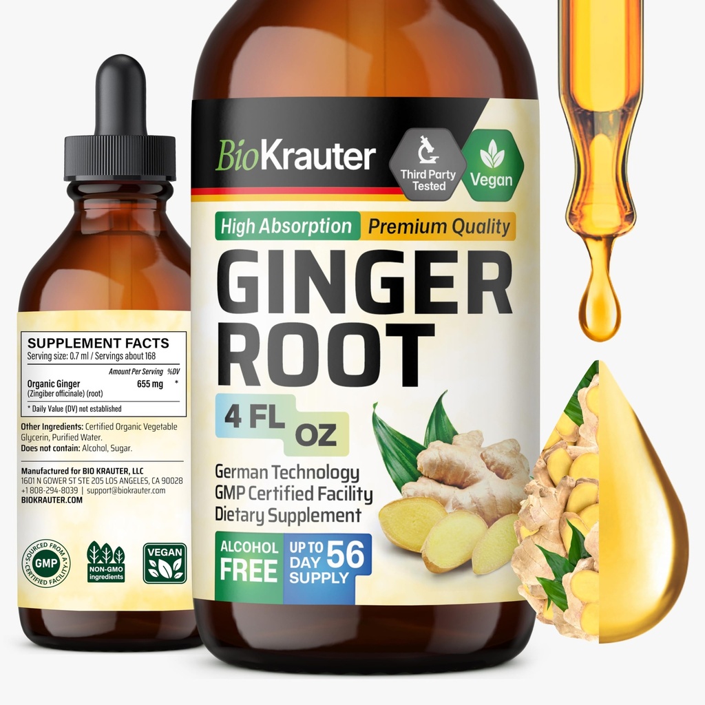 BIO KRAUTER Ginger Root Extract - Přírodní zázvor doplňky pro celkové Wellness - Alkohol a cukr zdarma - Vegan Drops 4 Fl.Oz.
