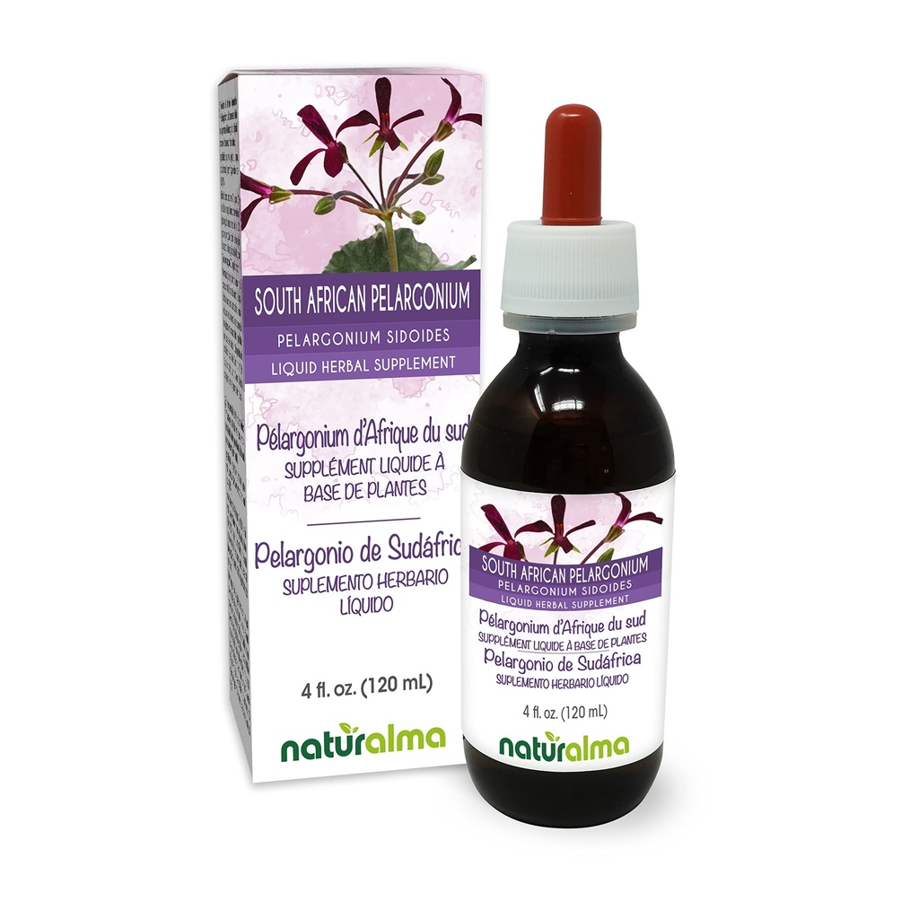 Naturalma Jihoafrická Pelargonium nebo Umckaloaba (Pelargonium sidoides) Root Alcohol- Free tinktura - 4 fl oz Liquid Extract in Drops - Bylinný dodatek - Vegan