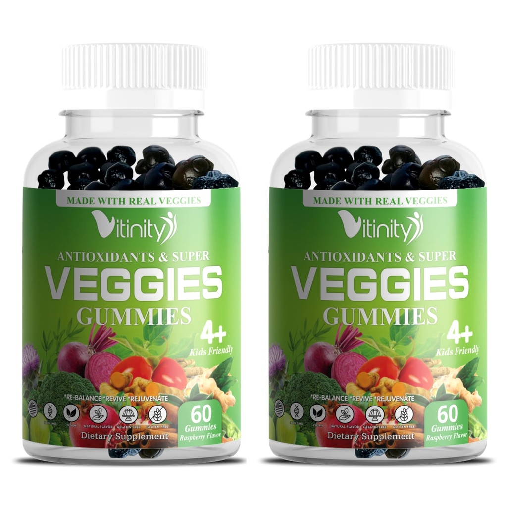 VITINITY Veggies Supplement- Made with Real Super Veggies Delicious Gummies (120 Chews), 30 Veggies, Byliny, Ovoce a zelenina dodatek, Non- GMO, Pectin- based, Gluten- Free, No More Pills (60 Day)