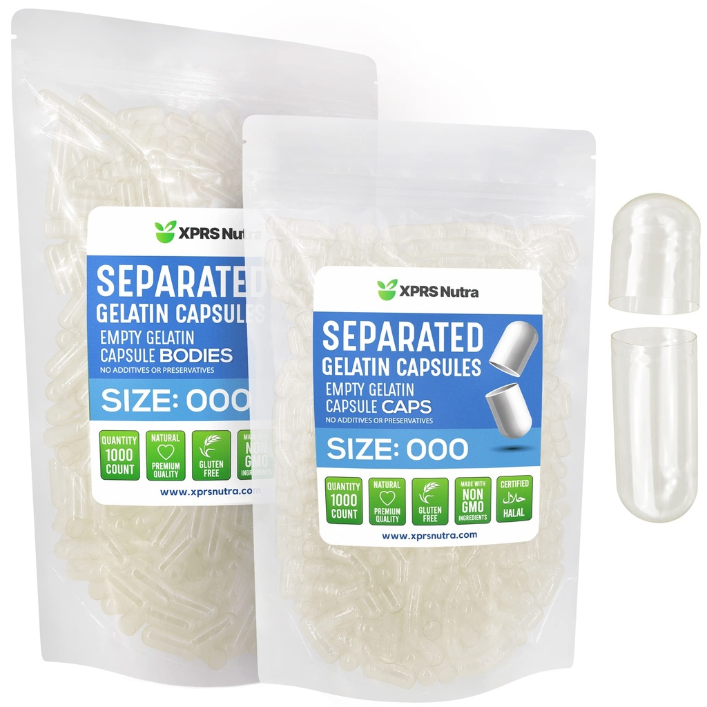 XPRS Nutra Separated Capsules Velikost 000- 1000 Počet Čiré Velké prázdné želatiny Kapsle Separated in Bags - Premium Čiré Prázdné 000 Pilulky pro DIY Dodatek Náplň