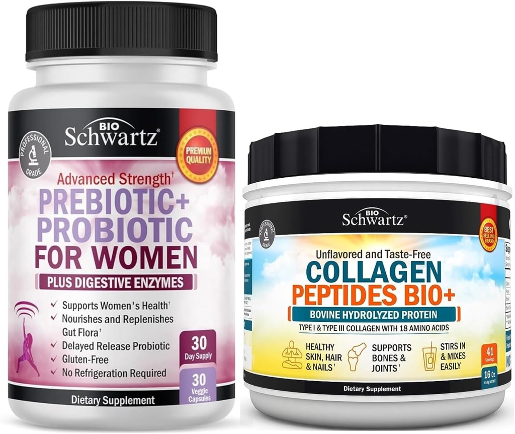 BioSchwartz Hydrolyzované Kolagen Peptidy Powder (40 + Servings) Plus Prebiotika a Probiotika s trávicí enzymy pro ženy (1 měsíc dodávky)
