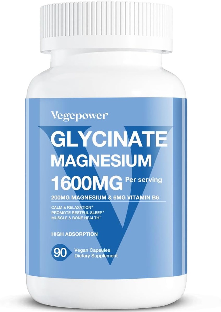 Glycinát hořečnatý 200mg, dodatek k magneziu s vysokou absorpcí veganu, vitamin D & B6, Bisglycinát hořečnatý pro spánek, zdraví kostí a svalů, nerv, Non- GMO, 90 Kapsle