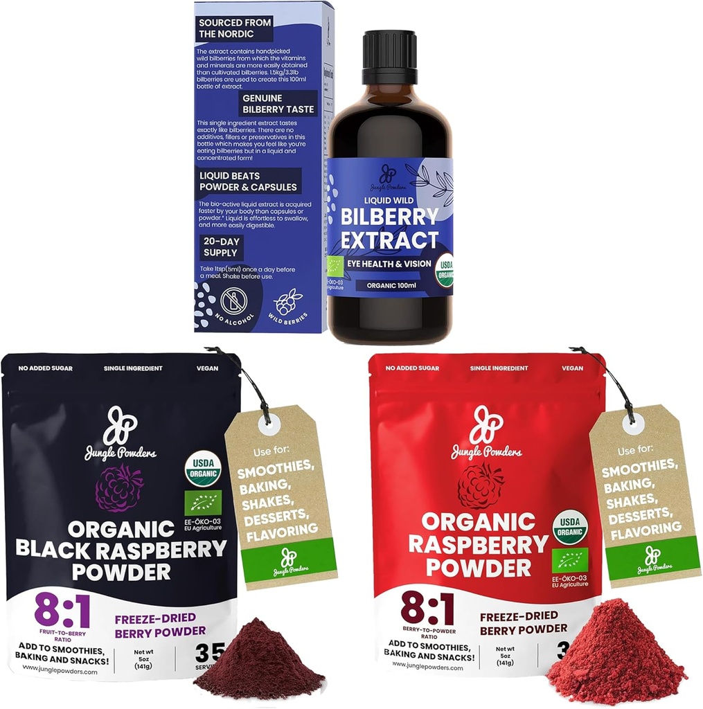 Jungle Powders Wild Bilberry Extract for Eyes USDA Organic 3.4oz Lahvička, Black Red Raspberry Powders Bundle 5 Ounce Bag, Freeze Sušené Maliny pro pečení Smoothies Dehydratované ovoce
